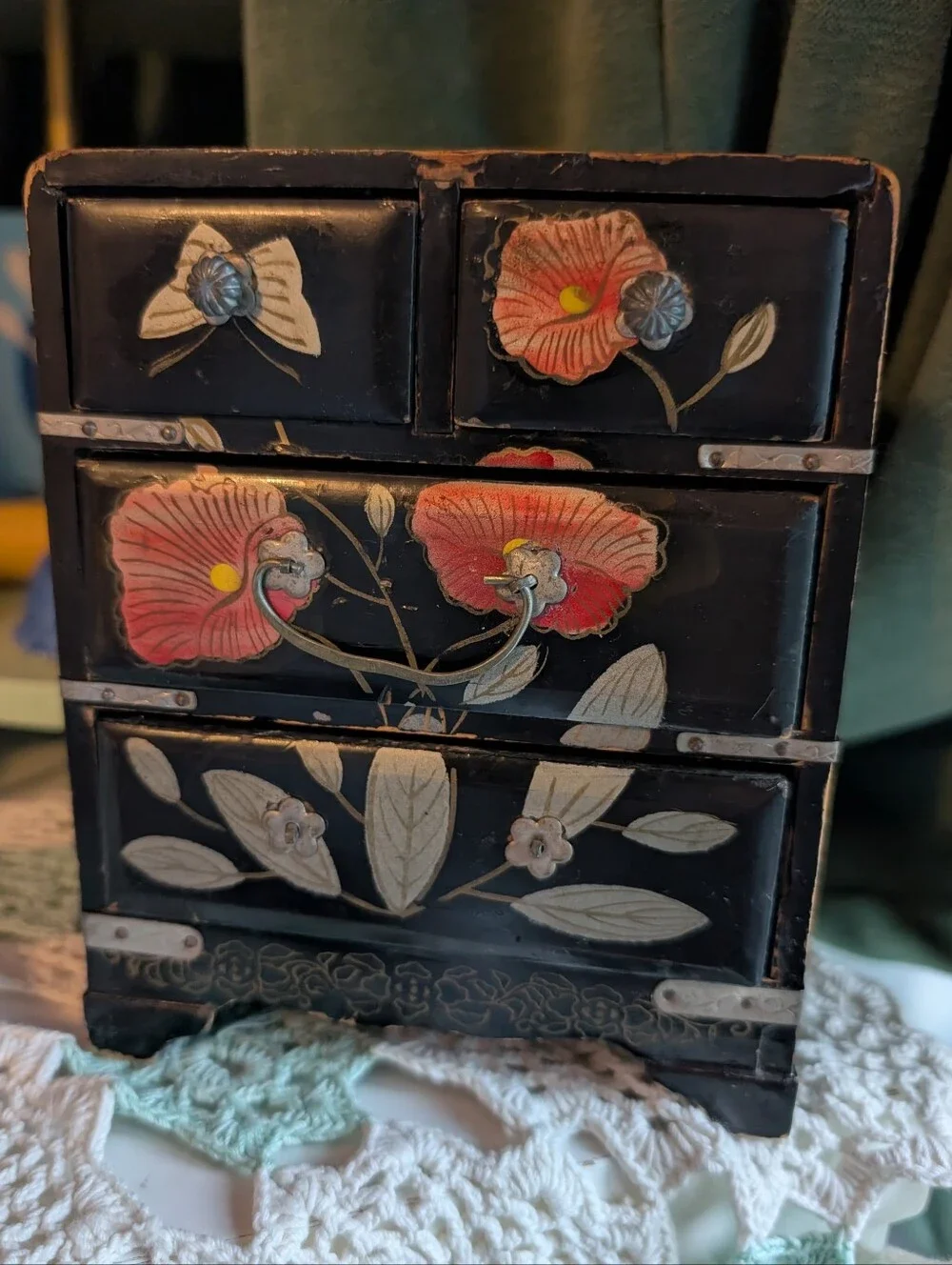 Vintage Japan Miniature Black Wood Ornate Floral Storage Chest Trinket Box